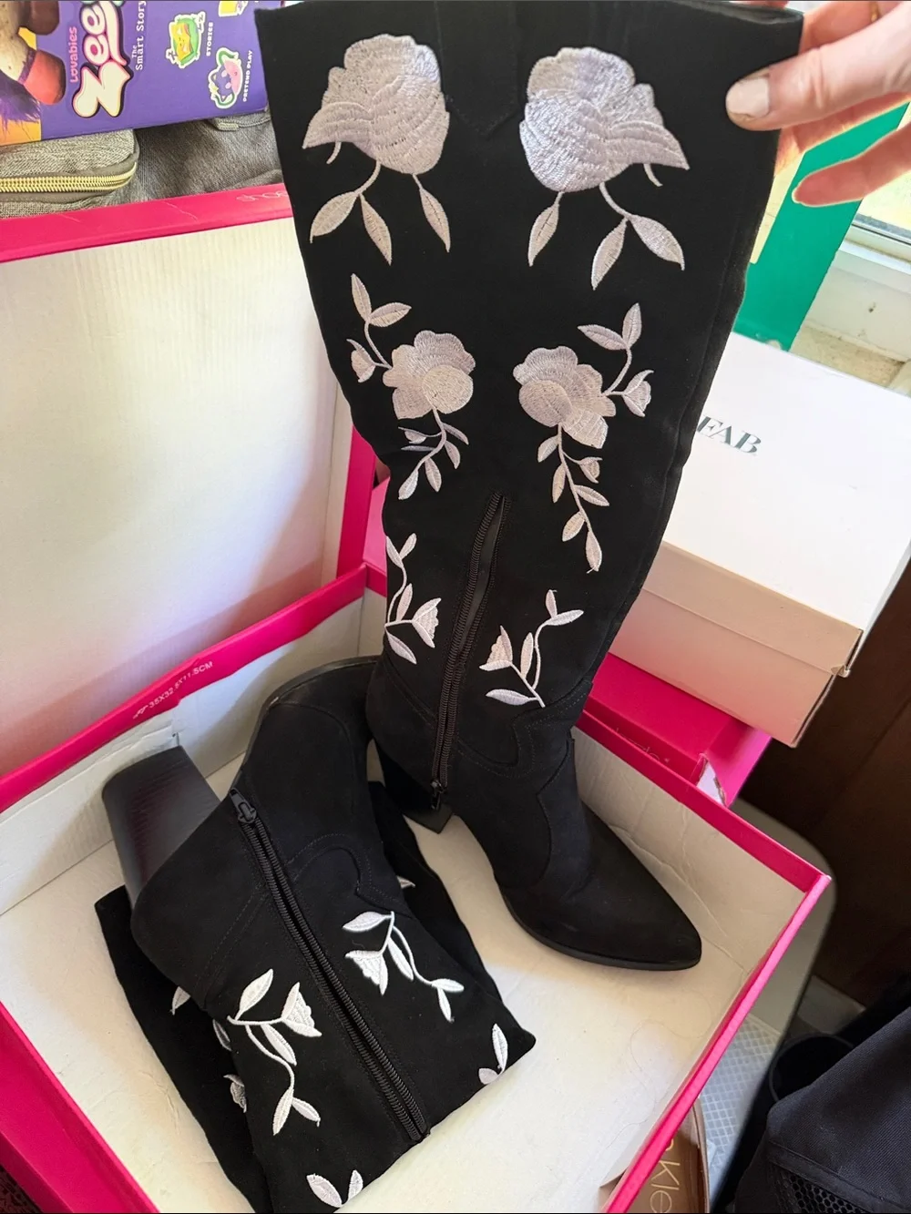 Black Embroidered Knee-High Boots - Elegant Floral Design